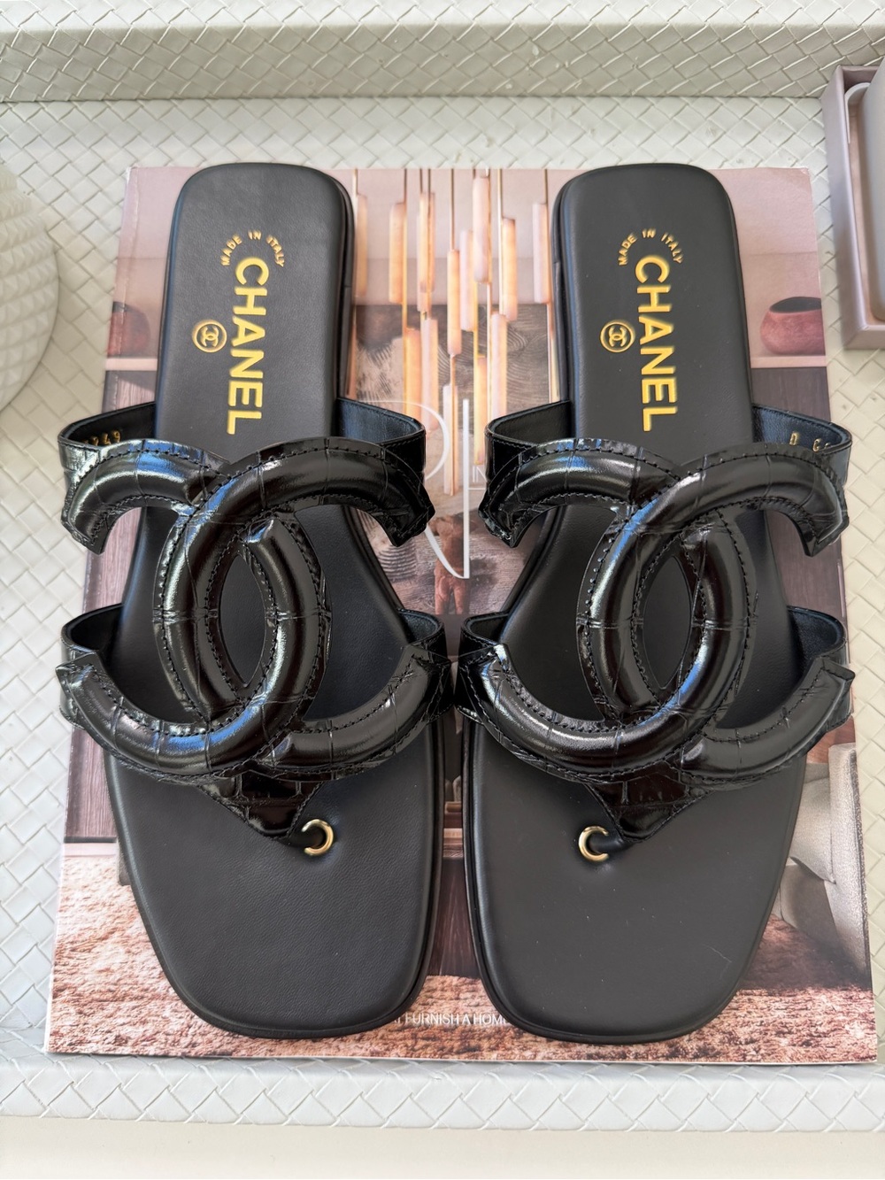 Chanel Blazy Black Leather Croc Embossed CC Logo Slides Flat Sandals Mules 40